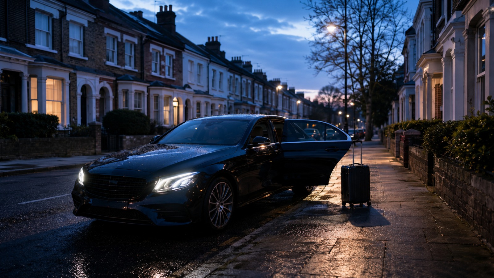 Saloon taxi waiting outside a UK home at dawn for an early Luton Airport pickup