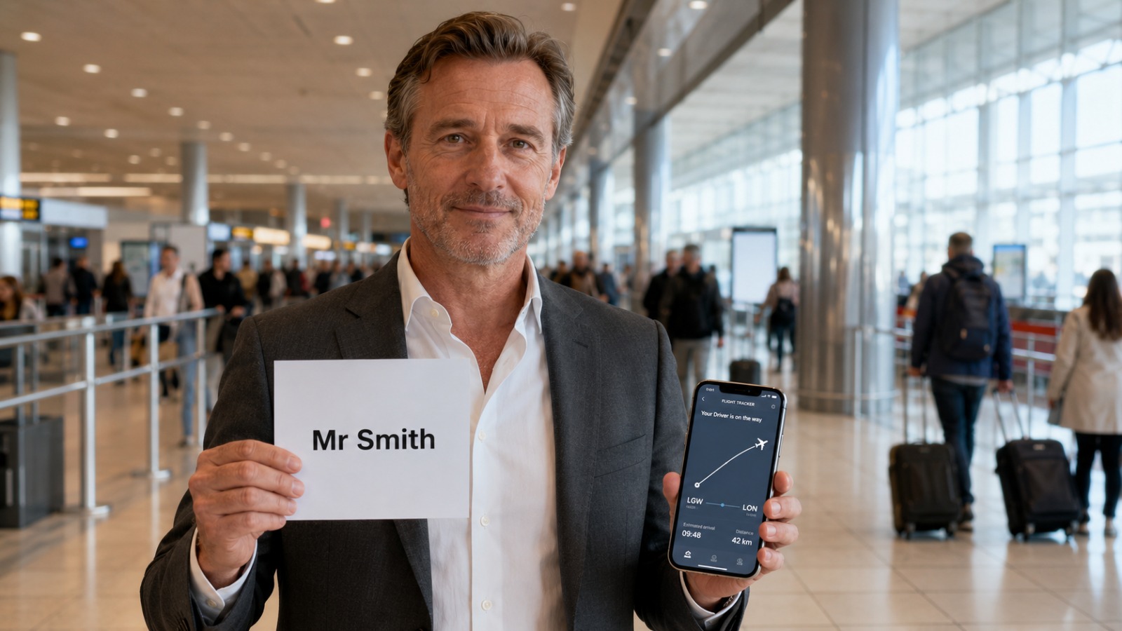 Pre-booked Gatwick transfer driver at airport arrivals holding a blank name card while flight tracking on a phone