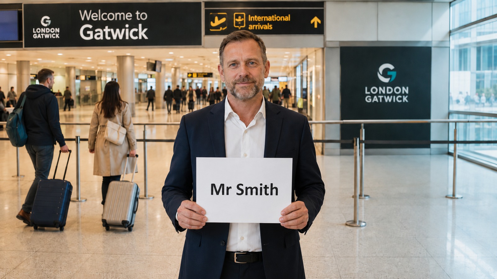 Taxi driver in a smart navy blazer holding a blank name card in a UK airport arrivals hall