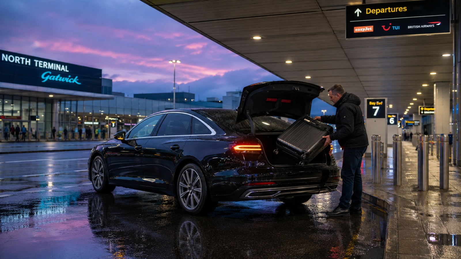 Saloon taxi pulled up at a UK airport terminal drop-off forecourt at dawn for a Gatwick departure