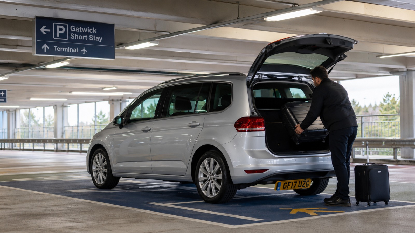 Taxi driver loading luggage in the Short Stay car park at Gatwick North Terminal