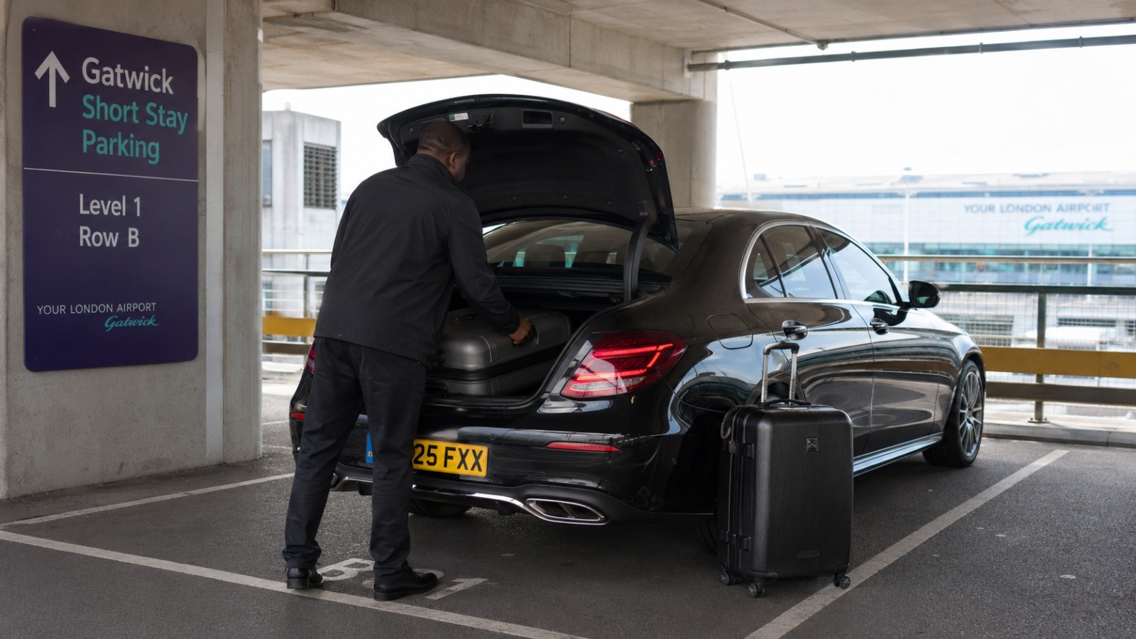 Taxi driver loading luggage in the Short Stay car park at Gatwick South Terminal
