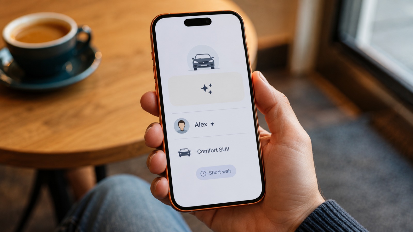 Close-up of a phone showing a clean fixed-price taxi booking confirmation with driver and pickup details
