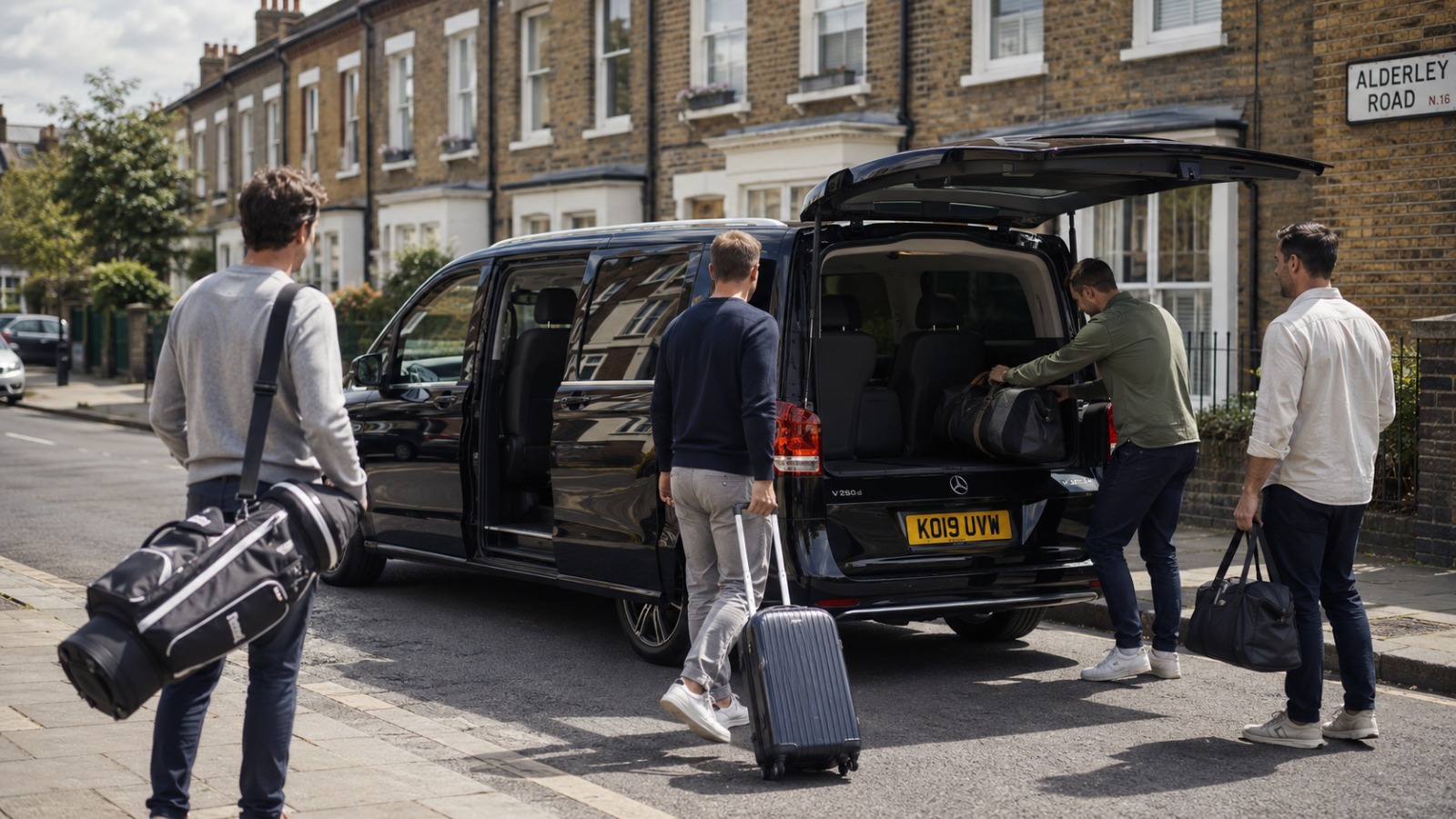 Group of friends with weekend luggage and a golf bag boarding an 8-seater minibus for a Gatwick Airport transfer
