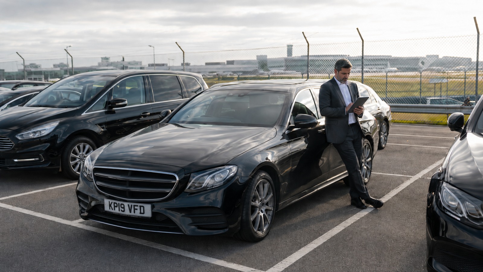 Pre-booked Heathrow taxi driver waiting at the Authorised Vehicle Area on Northern Perimeter Road before pickup call