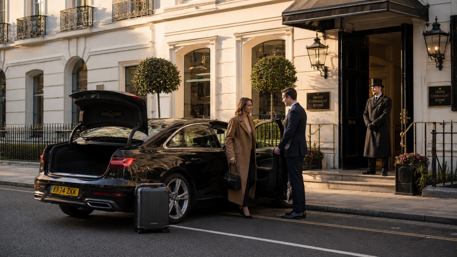 Pre-booked Heathrow pickup taxi arriving at a Central London hotel entrance after the airport transfer journey.