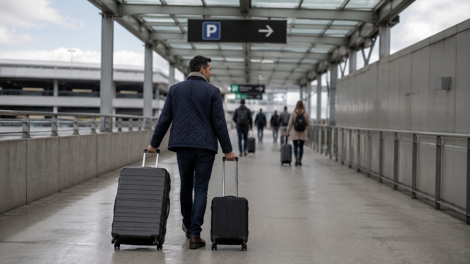 Arriving traveller walking with luggage along the covered route from Heathrow arrivals to the Terminal Parking pickup