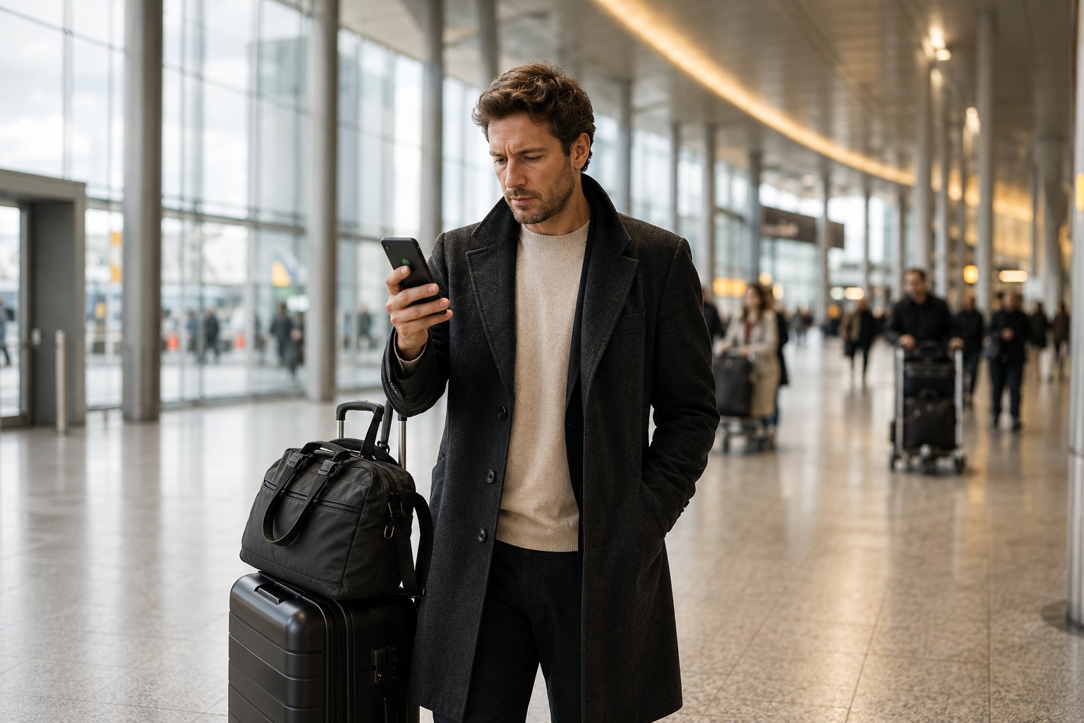 Traveller using free Heathrow WiFi to WhatsApp their pre-booked taxi driver from the arrivals hall without a UK SIM.