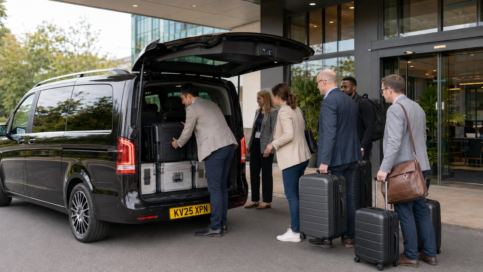 Group loading luggage into an 8-seater minibus for a Birmingham to Heathrow airport transfer