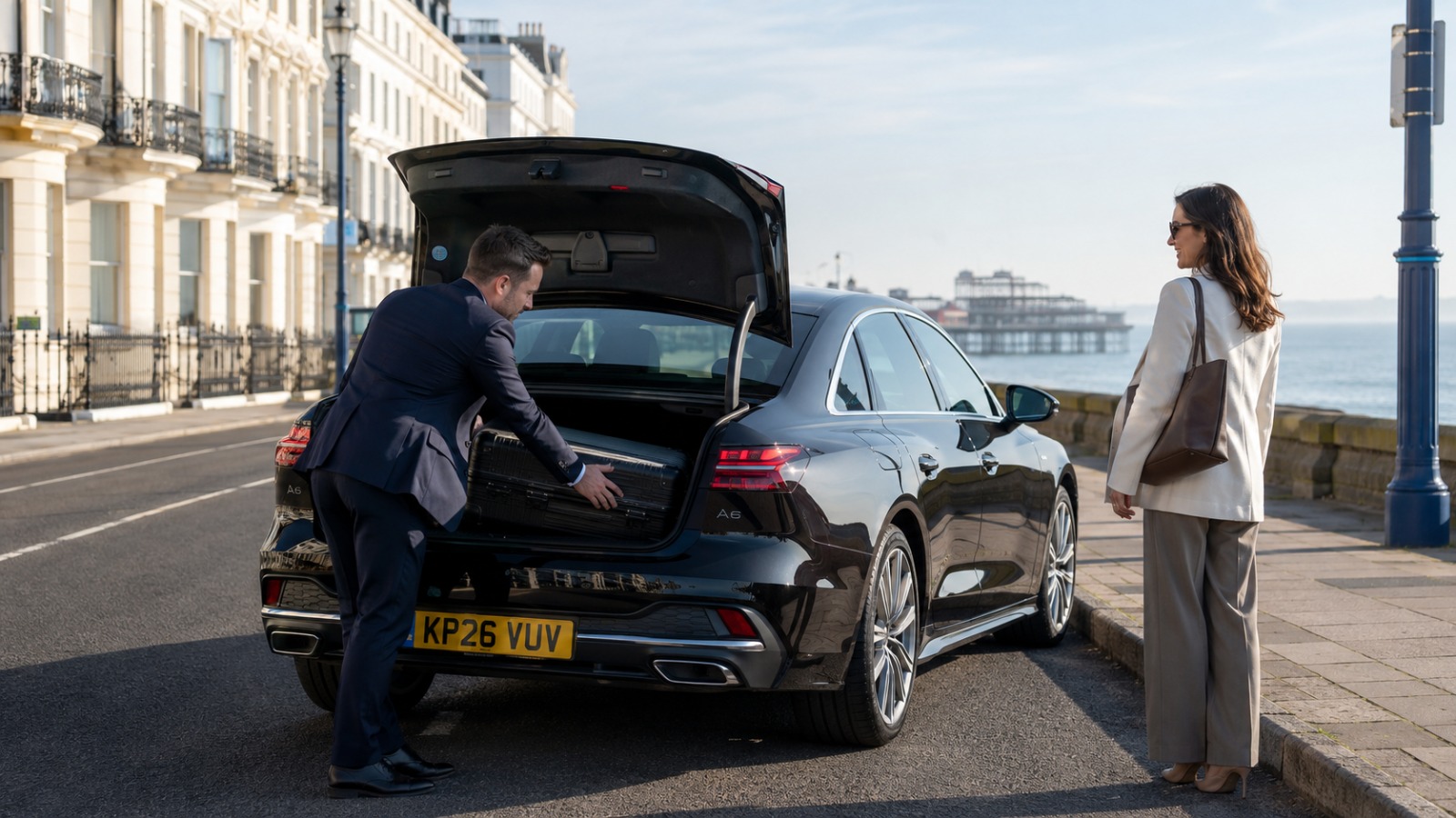 Fixed-price taxi collecting a passenger on the Brighton and Hove seafront for a Heathrow run