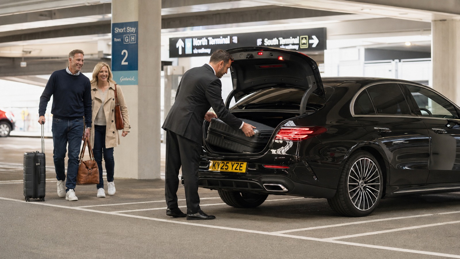 Driver meeting passengers with luggage at Gatwick Short Stay car park for a Gatwick to Heathrow taxi transfer