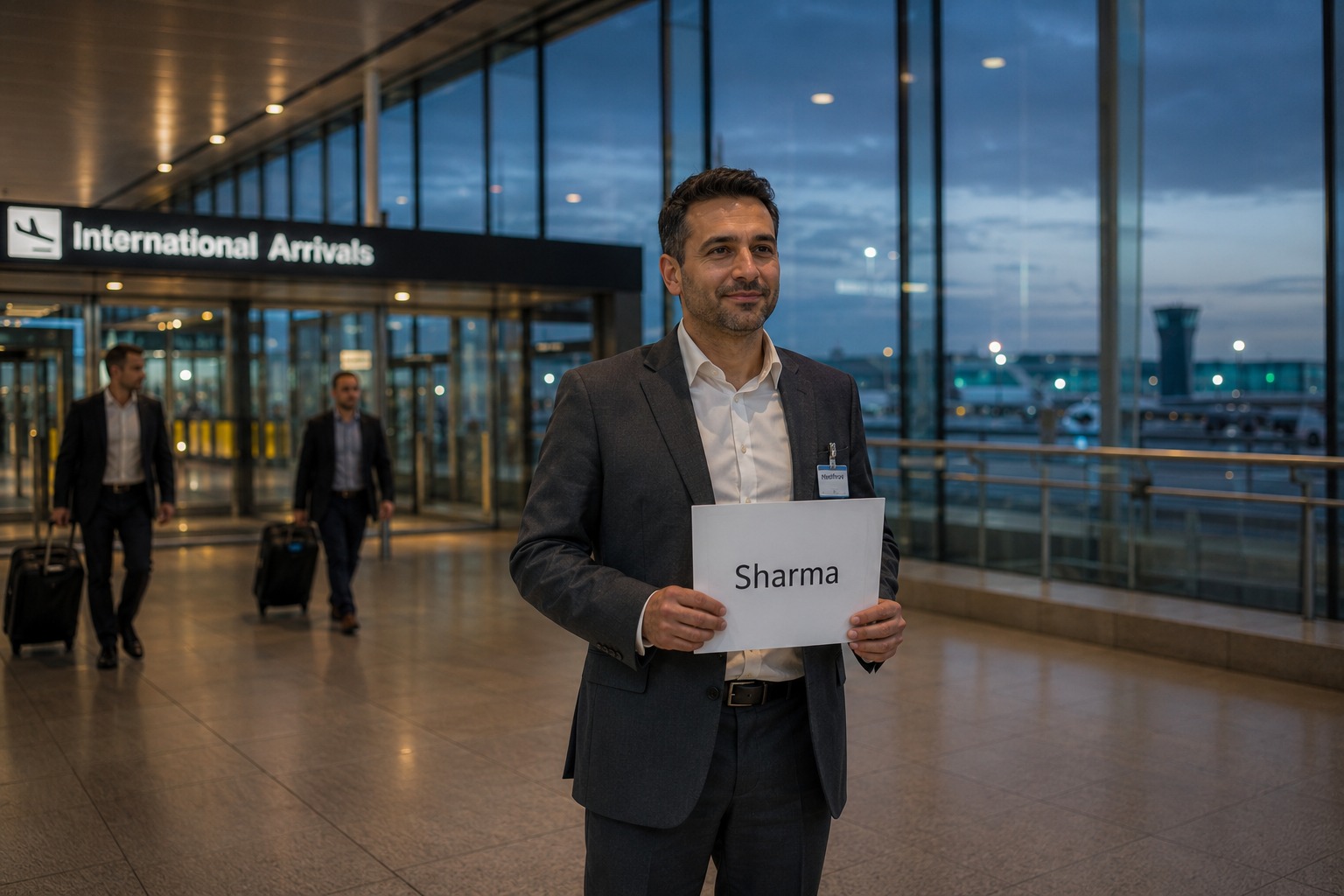 Driver with a name board in Heathrow Terminal 2 arrivals at dawn waiting for an early Star Alliance long-haul flight