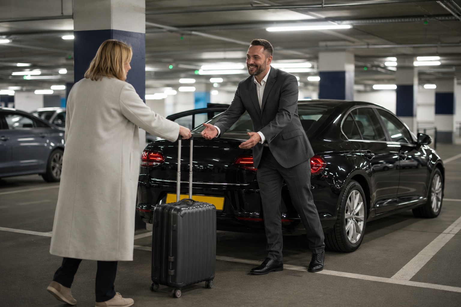 Driver meeting an arriving passenger at Heathrow Terminal 3 Car Park 1A pickup point after a long-haul flight