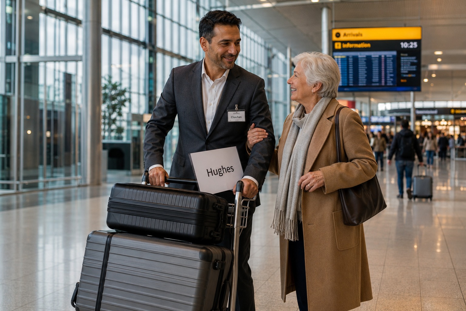 Driver assisting an elderly traveller with a luggage trolley at the Heathrow Terminal 5 arrivals meet and greet point