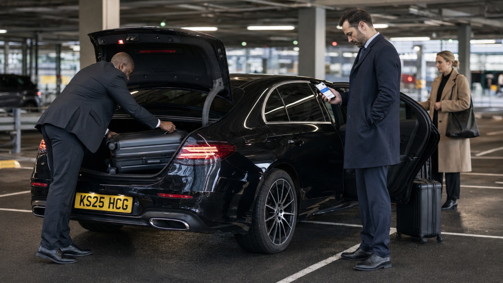 Connecting traveller checking a phone beside a taxi during a Heathrow to Gatwick airport transfer