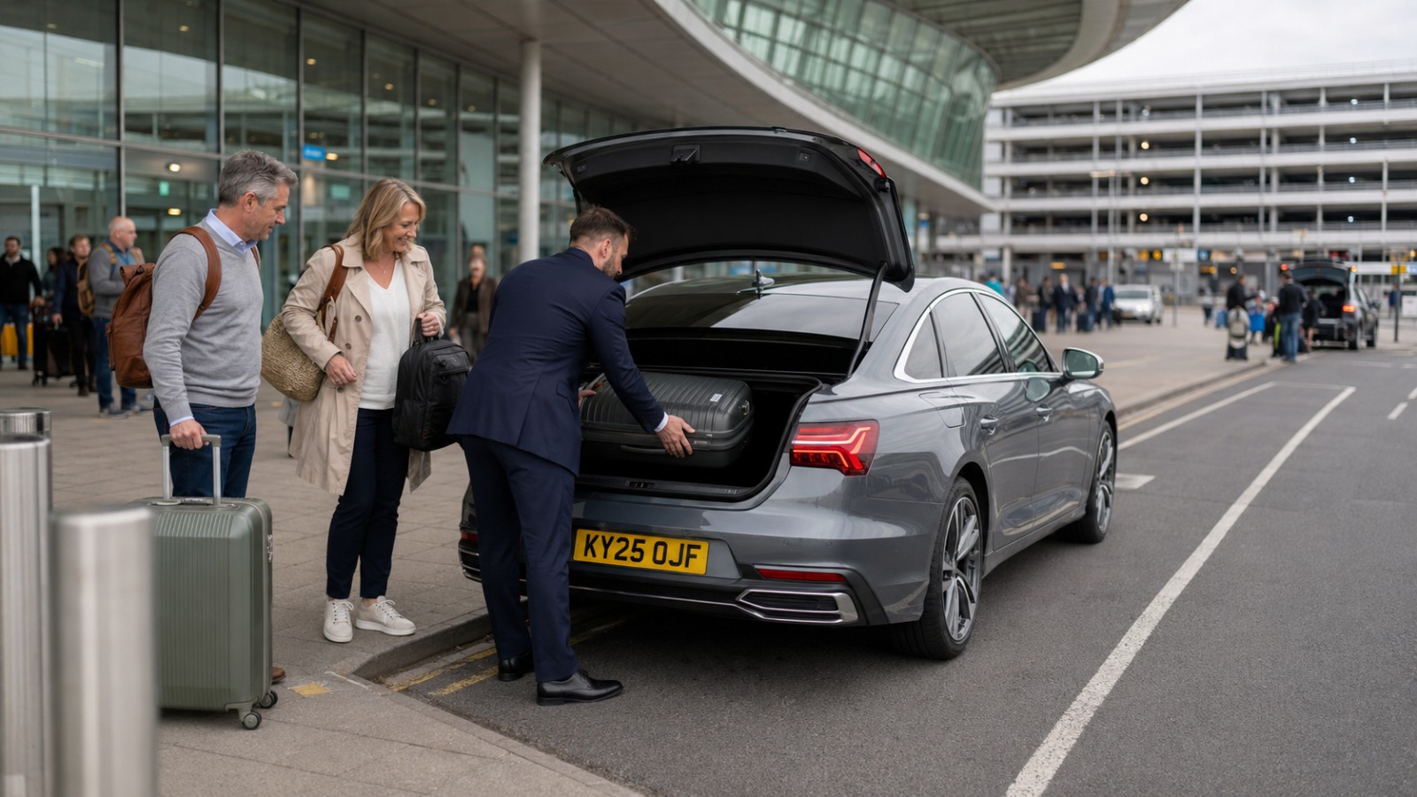 Saloon taxi dropping connecting passengers with luggage at a Gatwick terminal departures forecourt