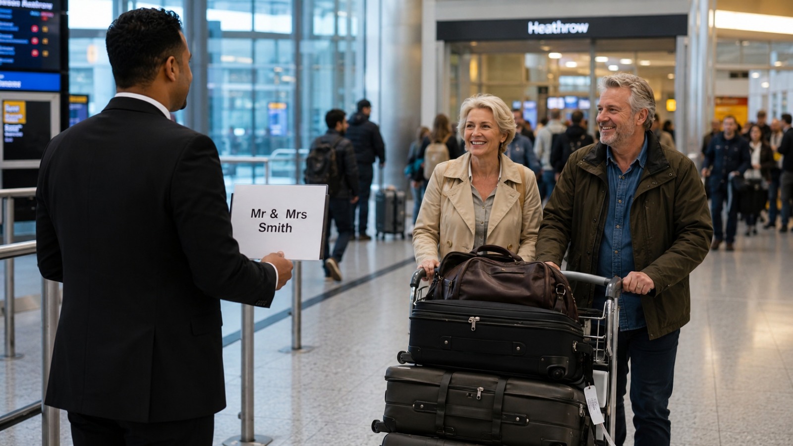 Driver holding a name board greeting arriving travellers in a Heathrow arrivals hall for a London taxi transfer