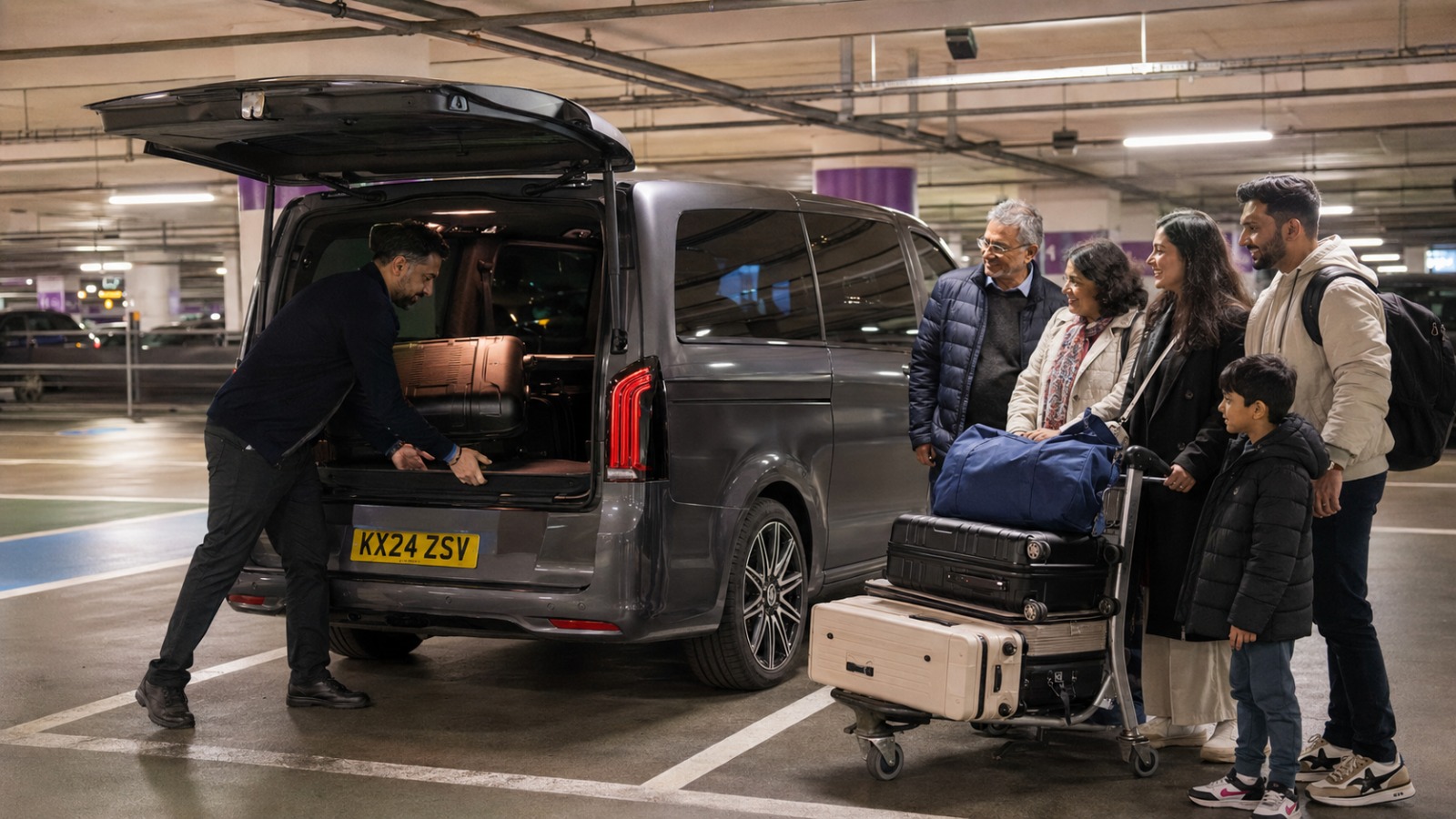 Driver loading suitcases into an eight-seater minibus at Heathrow Terminal Parking for a London transfer at night
