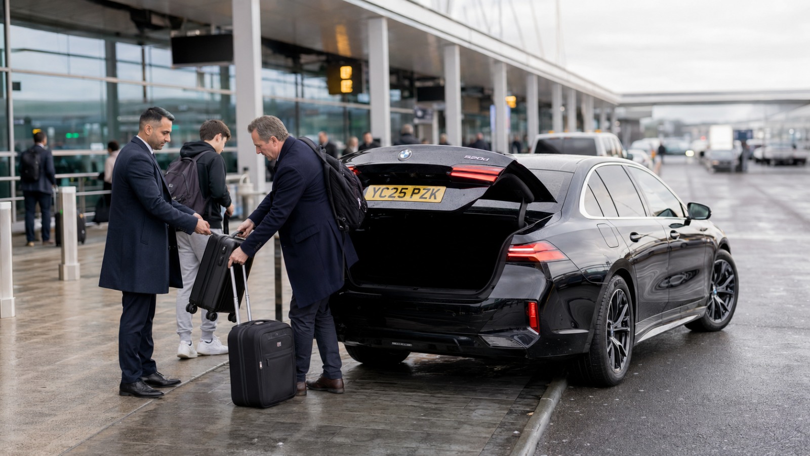 Saloon taxi dropping off passengers with luggage at a Heathrow terminal departures forecourt on a London transfer