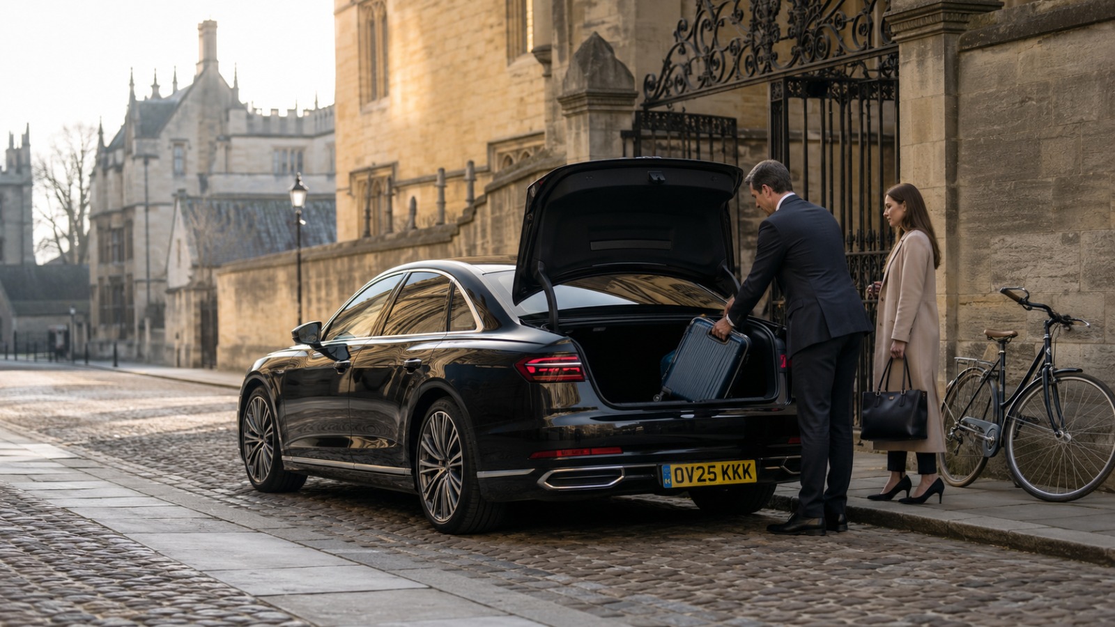 Fixed-price taxi collecting a passenger outside an Oxford college for a Heathrow transfer