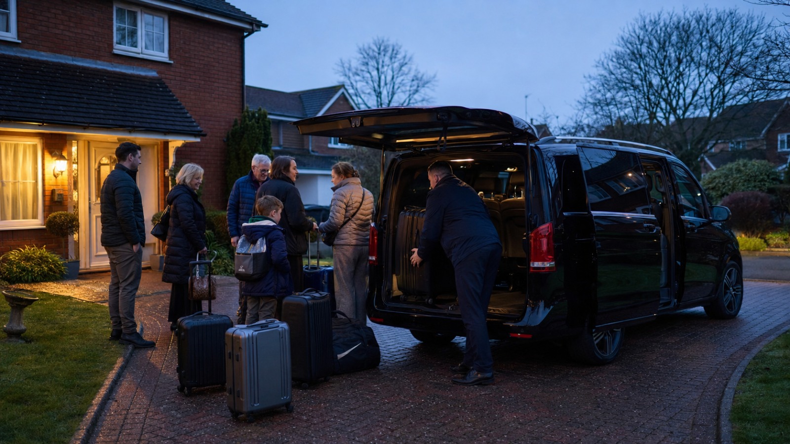 Family loading suitcases into an eight-seater taxi outside a Reading home at dawn for a Heathrow transfer
