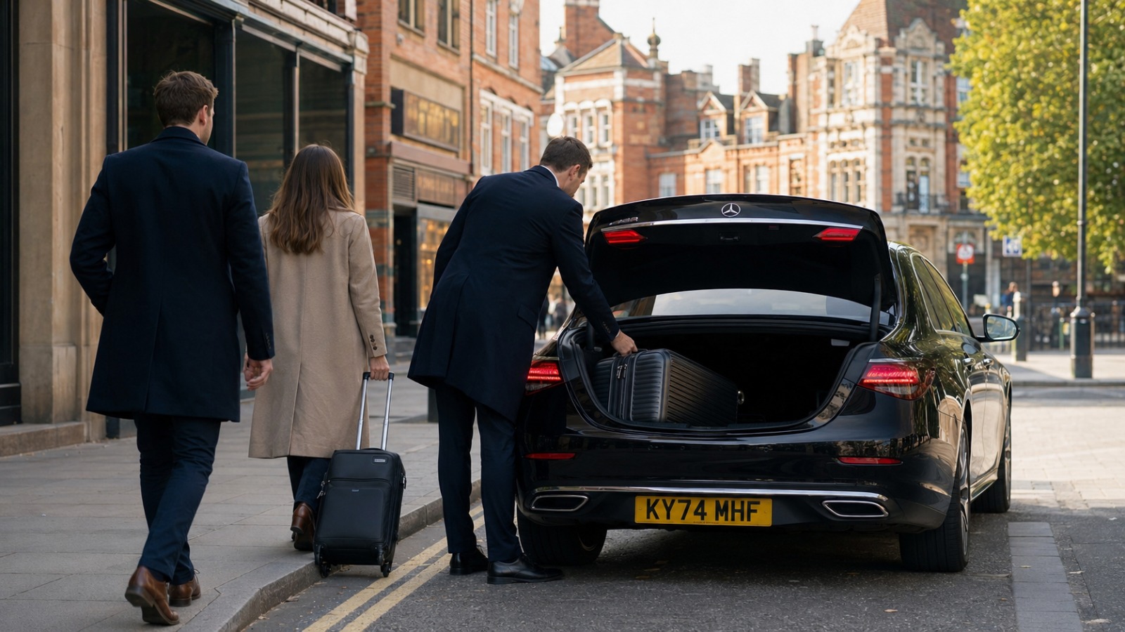 Executive taxi collecting passengers with luggage on a Reading street for a Reading to Heathrow Airport transfer