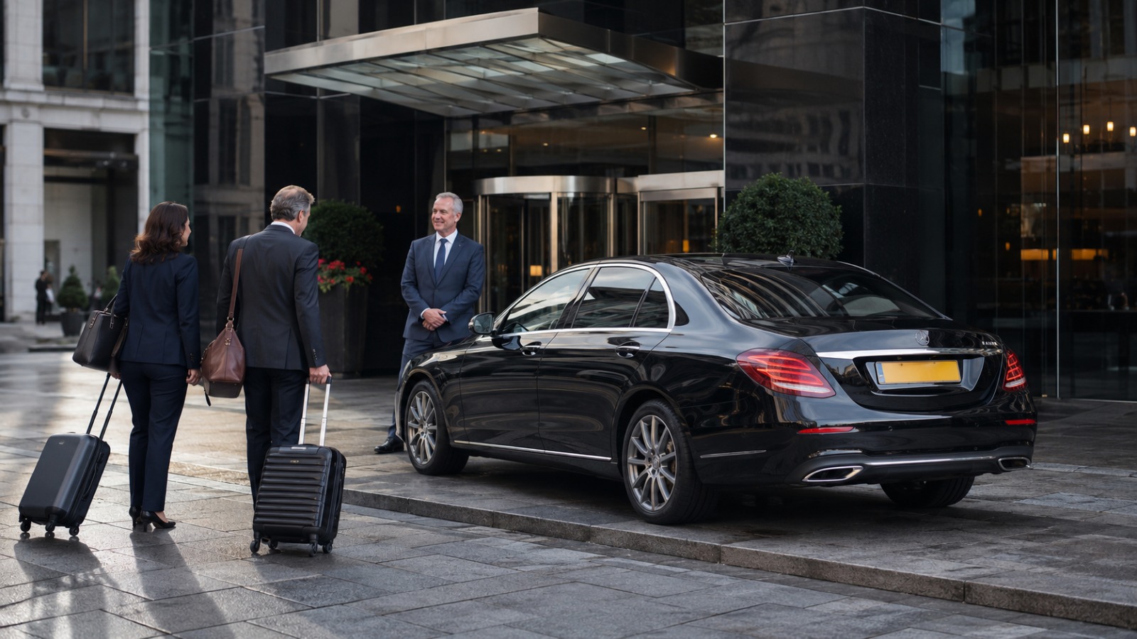 Executive Mercedes saloon collecting business travellers from a London hotel for a Star Alliance flight at Heathrow T2