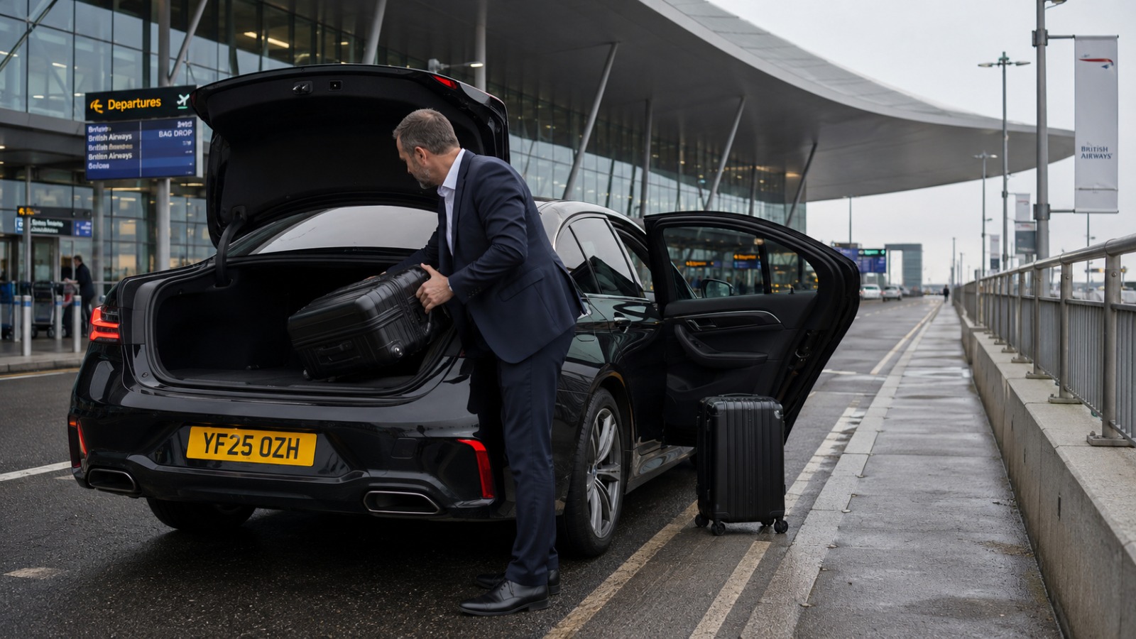 Driver unloading luggage from a saloon taxi at the elevated Heathrow Terminal 2 Level 5 Constellation Way drop-off.