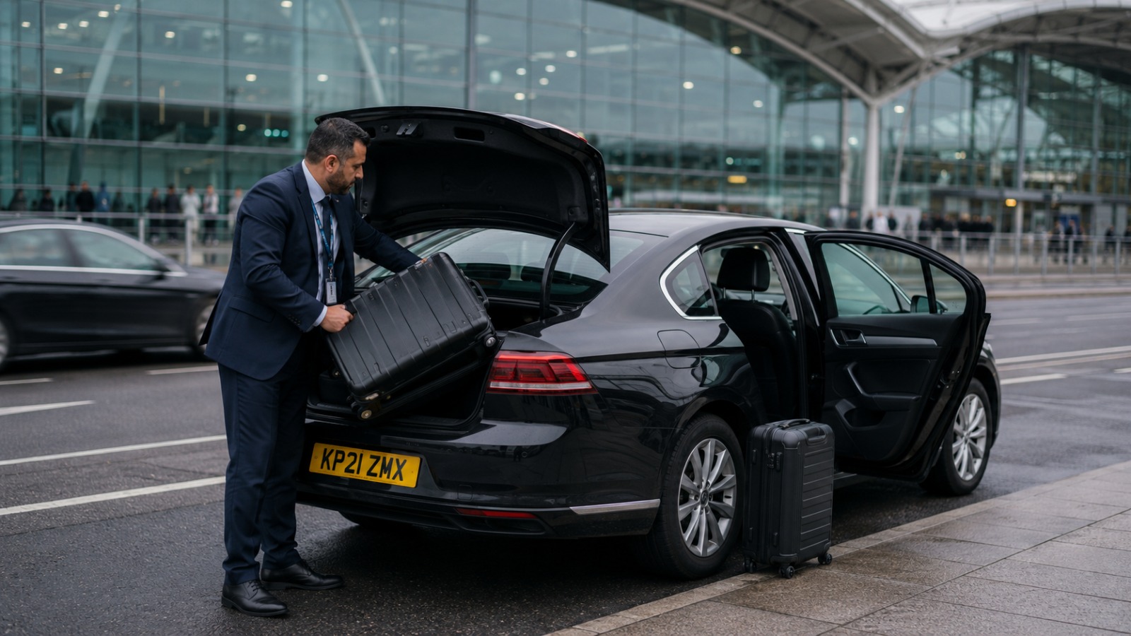 Driver unloading luggage from a saloon taxi at the Heathrow Terminal 3 four-lane departures forecourt drop-off