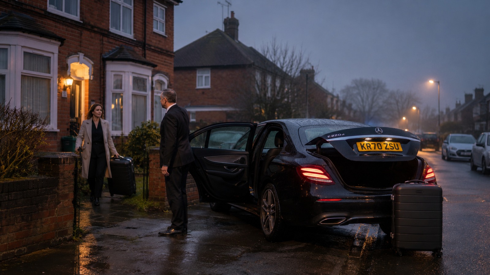 Early morning private hire driver picking up a passenger from home for a long-haul Heathrow Terminal 3 flight