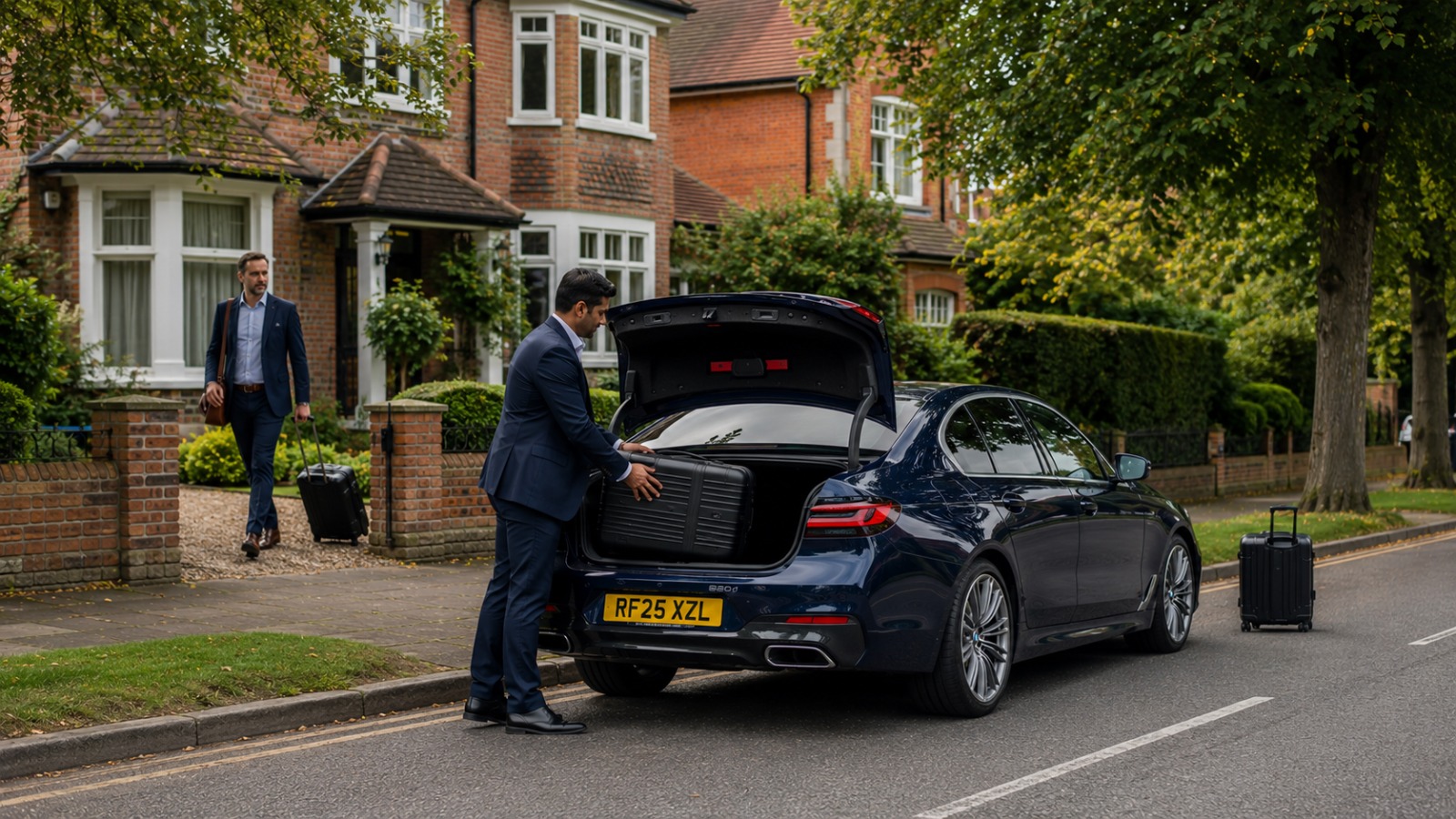 Driver loading luggage at a Surrey commuter-belt home for a fixed-price taxi to Heathrow Terminal 4 from the south