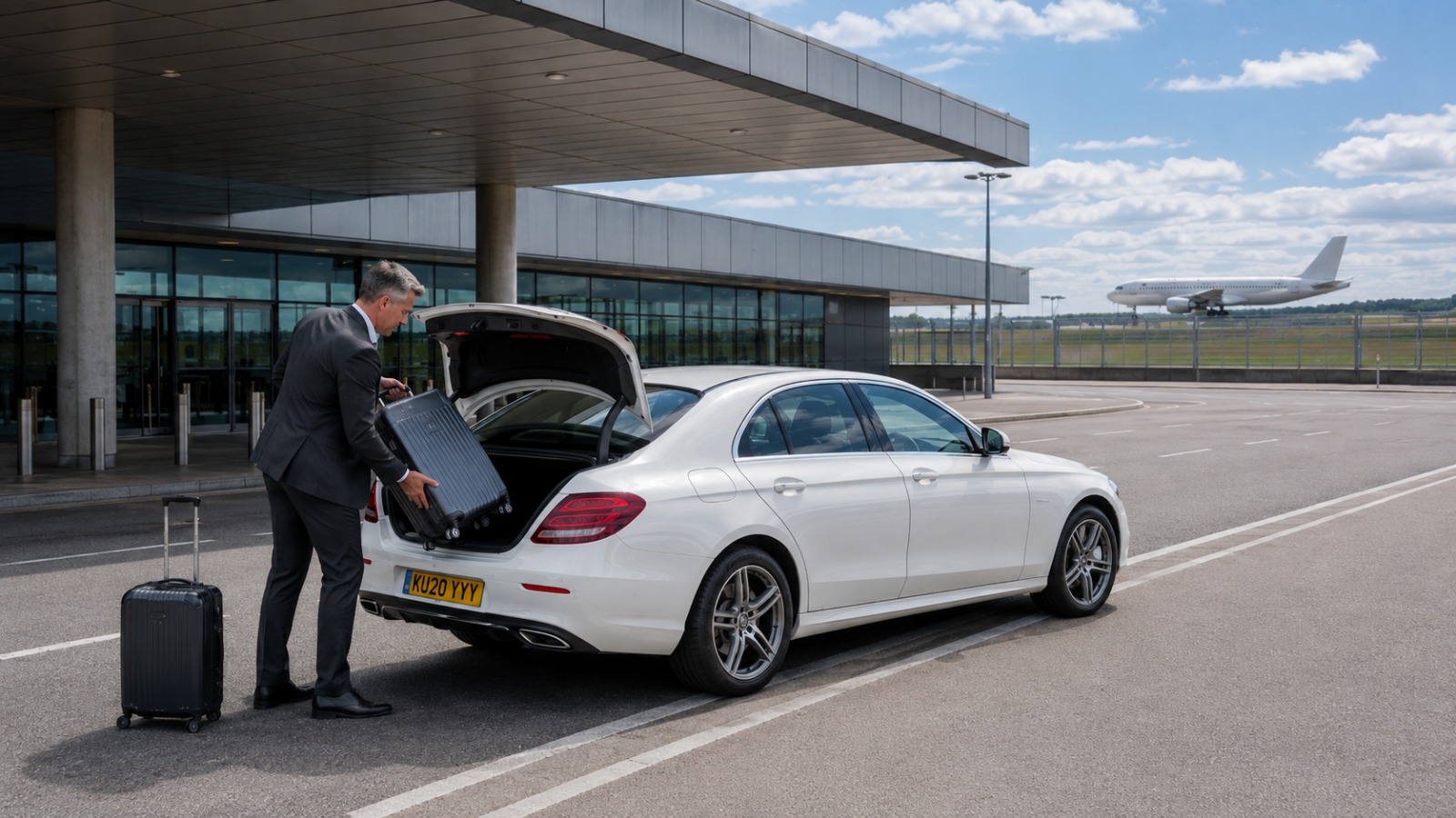Driver unloading luggage from a saloon taxi at the Heathrow Terminal 4 three-lane departures forecourt drop-off