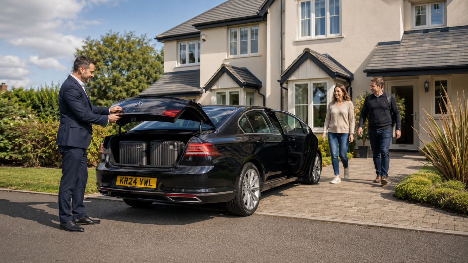 Driver loading luggage at a Thames Valley home for a fixed-price taxi to Heathrow Terminal 5 from Reading or Oxford
