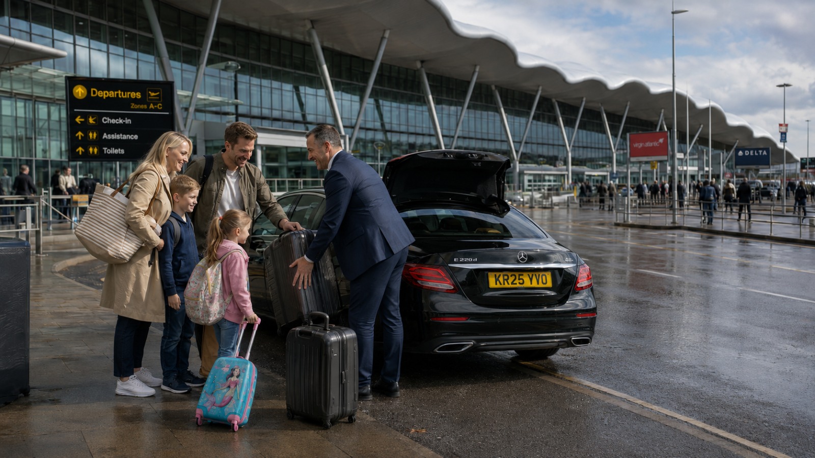 Driver helping a family unload luggage at the Heathrow Terminal 5 drop-off for a long-haul British Airways flight.