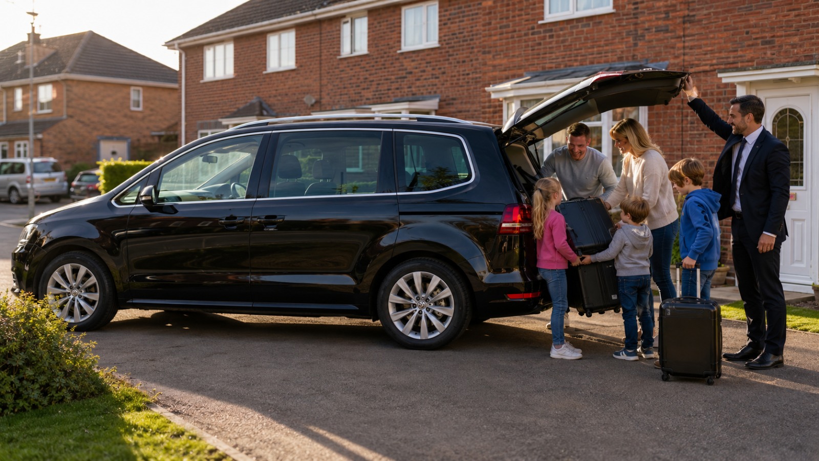 Black VW Sharan MPV6 Northampton to Luton Airport transfer loading family luggage in the morning