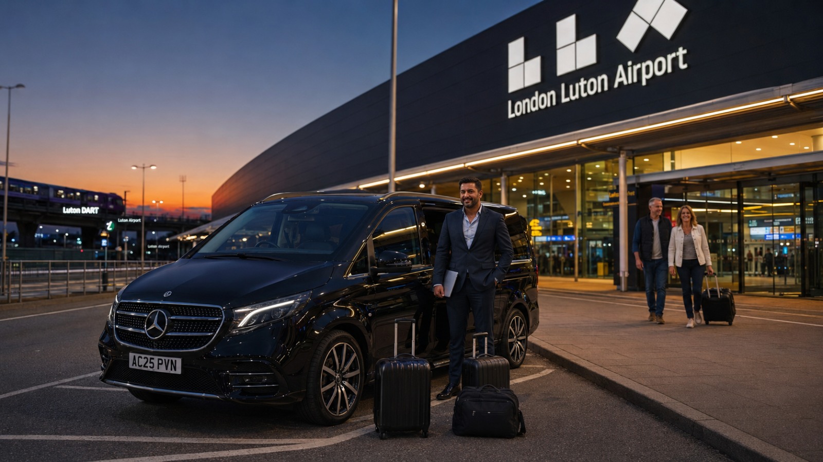 Black Mercedes V-Class 2025 MPV8 taxi driver meeting passengers at Luton Airport arrivals