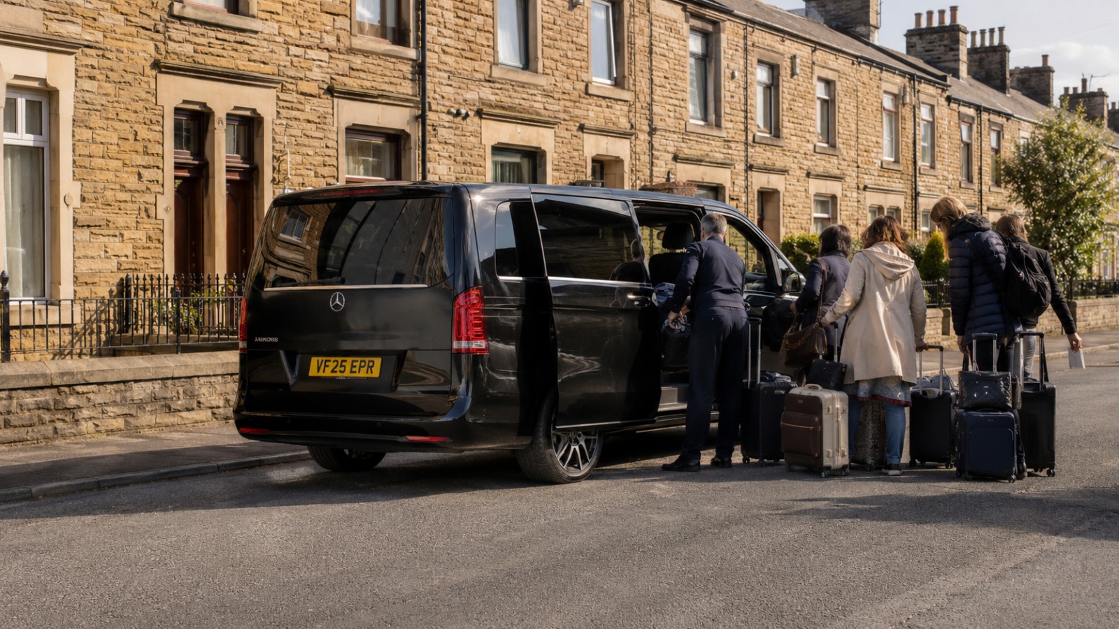 Black Mercedes V Class 8-seat minibus loading a family group with luggage for a Bradford to Manchester Airport transfer