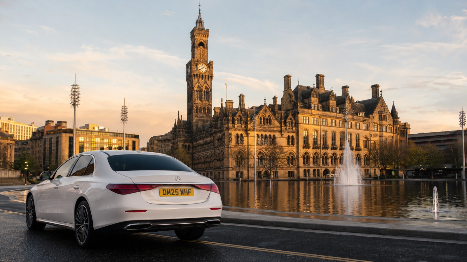 Executive saloon taxi at Bradford at dawn on route to Manchester Airport, historic city architecture in background