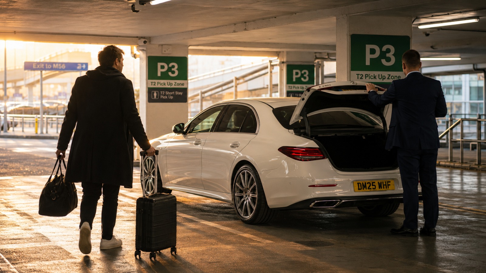 Traveller with luggage meeting driver at Manchester Airport Terminal 2 P3 pickup zone for return taxi to Bradford
