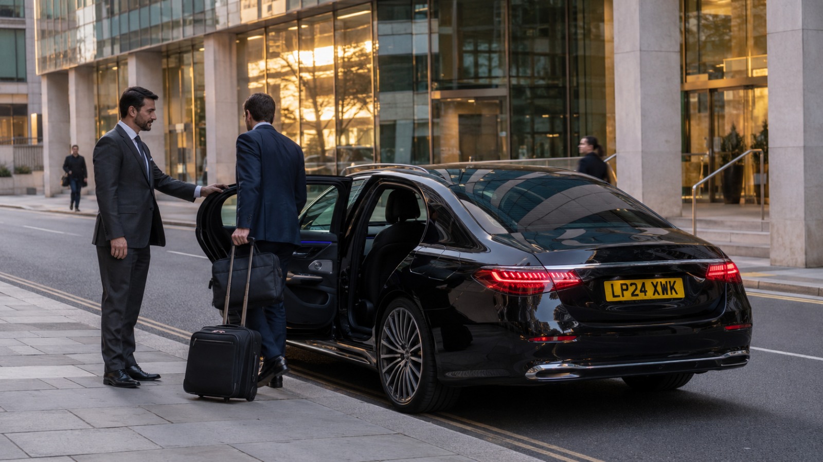 Executive UK Airport Taxi saloon collecting a business traveller in the City of London for a Stansted Airport transfer.