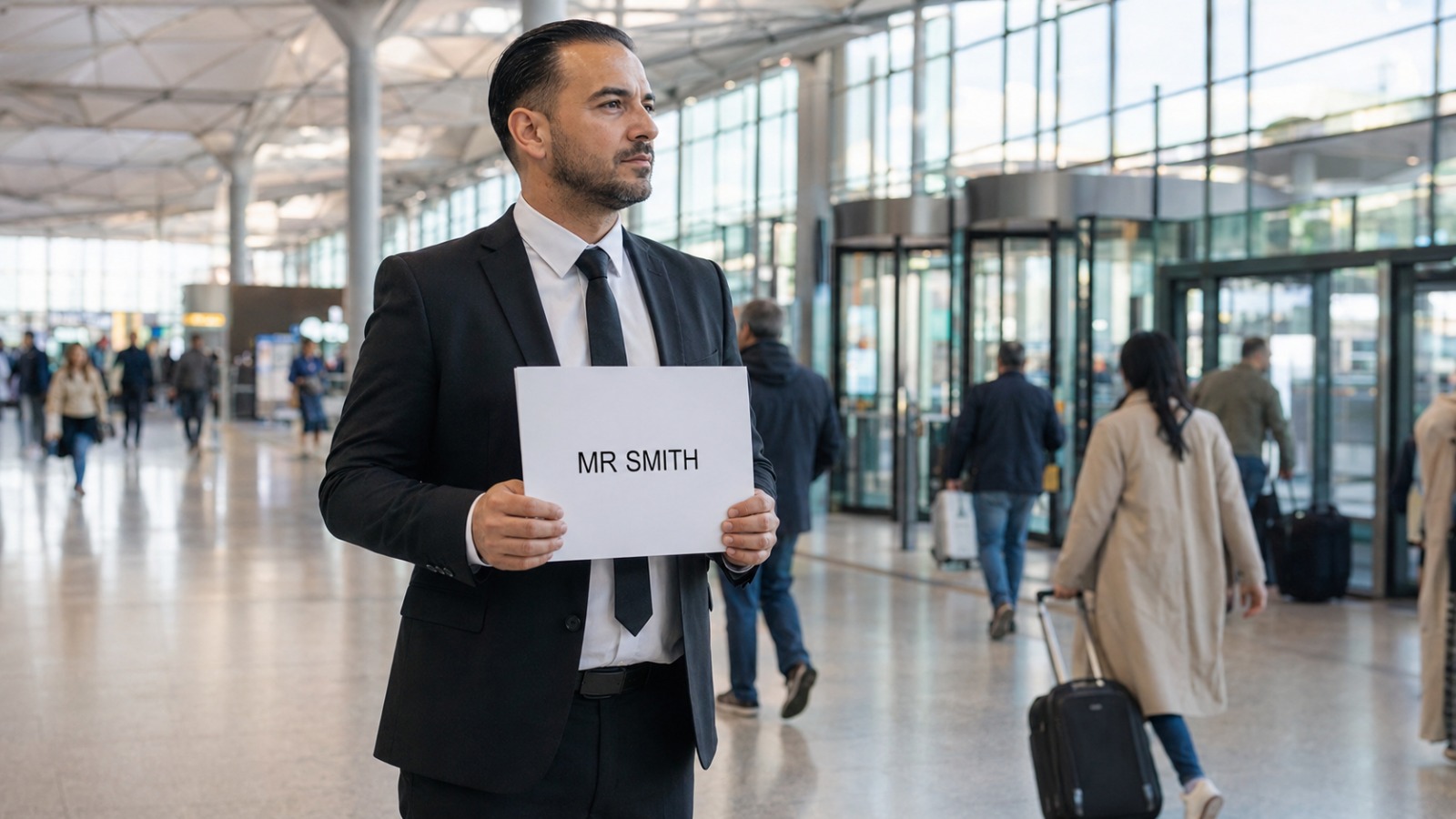Pre-booked UK Airport Taxi driver waiting at Stansted Airport arrivals with a name board for Meet and Greet pickup.